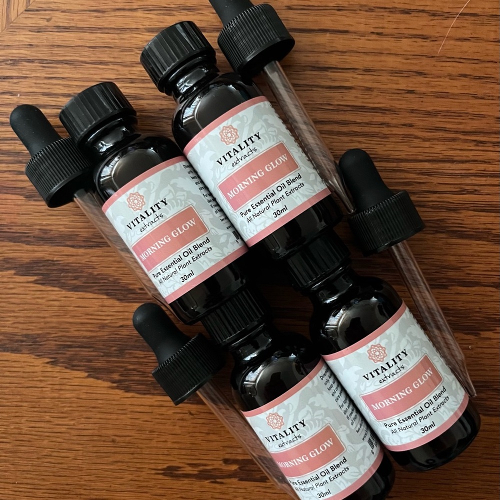 4 BOTTLES of 30ML. EA. MORNING GLOW -100% Essential Oil-VITALITY EXTRACTS